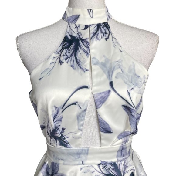 Floral Halter Neck Mini Dress - White and Blue - Picture 7 of 16